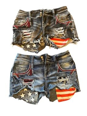 (2) Pairs Flamingo Distressed Denim Jean Shorts American Flag - Grey Blue Size S